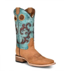 Corral Circle G Womens Tan & Turquoise Embroidered Square Toe Boots