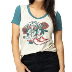 Liberty Wear Apparel Women's Oat/Teal Short Sleeve Shirt With Boots And Roses Graphic
